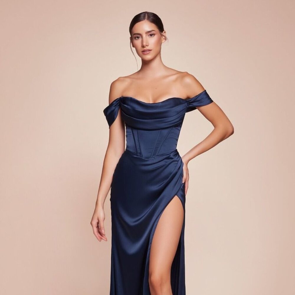 NEW LONG SHEATH OFF SHOULDER SLEEVELESS SATIN DRESS WITH ZIPPER BACK CD 7492C